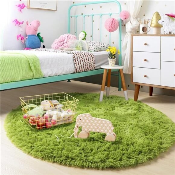 Grass Green Round Rug for Bedroom,Fluffy Circle Rug 4'X4' for Kids Room,Furry - Picture 4 of 7